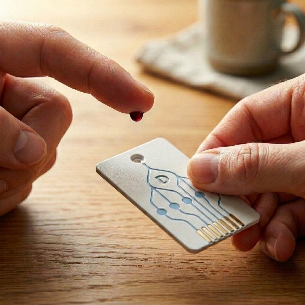 Concept illustration of a finger-prick sample applied to a test strip